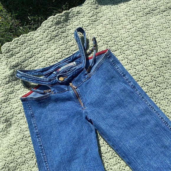 Vintage Atmosphere medium wash denim jeans cut out hips slight wide leg flare - Picture 2 of 4